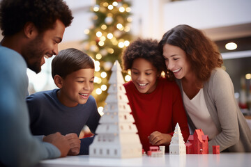 A young, multiracial family sharing and enjoying Christmas holidays together, doing crafts in the living room of their house.