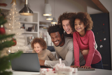 A young multiethnic family is having a video call and chatting with family during the Christmas holidays through the portal in the kitchen, technology bringing families closer together.