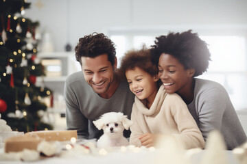 A multiracial family in their living room during the Christmas holiday season receives a special gift from Santa Claus: a new addition to the family, an adorable puppy. - obrazy, fototapety, plakaty