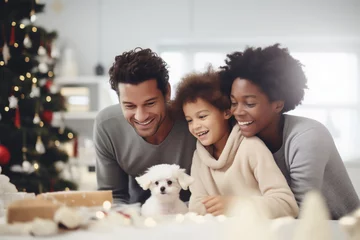 Fotobehang A multiracial family in their living room during the Christmas holiday season receives a special gift from Santa Claus: a new addition to the family, an adorable puppy. © SnapVault