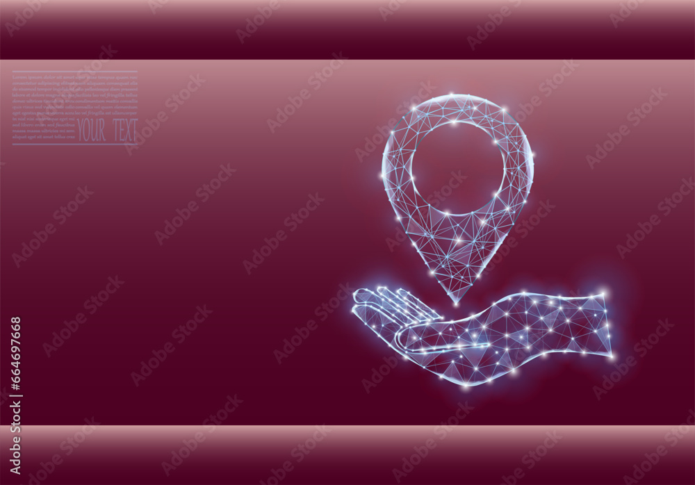 Poster vector illustration of a label for a map on a hand, made up of a technological grid and dots.navigat