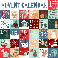 Fototapeta premium Christmas Advent calendar for december. 31 days. Funny and cute cards with winter elements - Christmas tree, toys, gifts, bear, rabbit, snow, and others. Vector modern flat illustration.