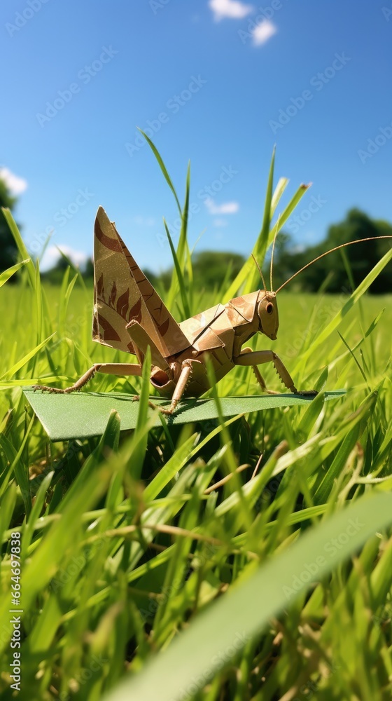 Poster a paper grasshopper sitting on top of a leaf in the grass. generative ai.