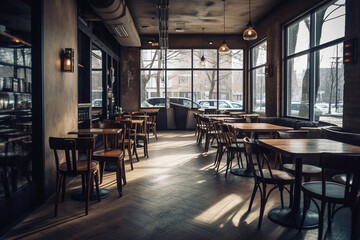 Fototapeta na wymiar Modern empty coffee shop, trendy interior design with natural wood