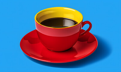 Obraz premium red cup of coffee with yellow inside on matching saucer on blue background