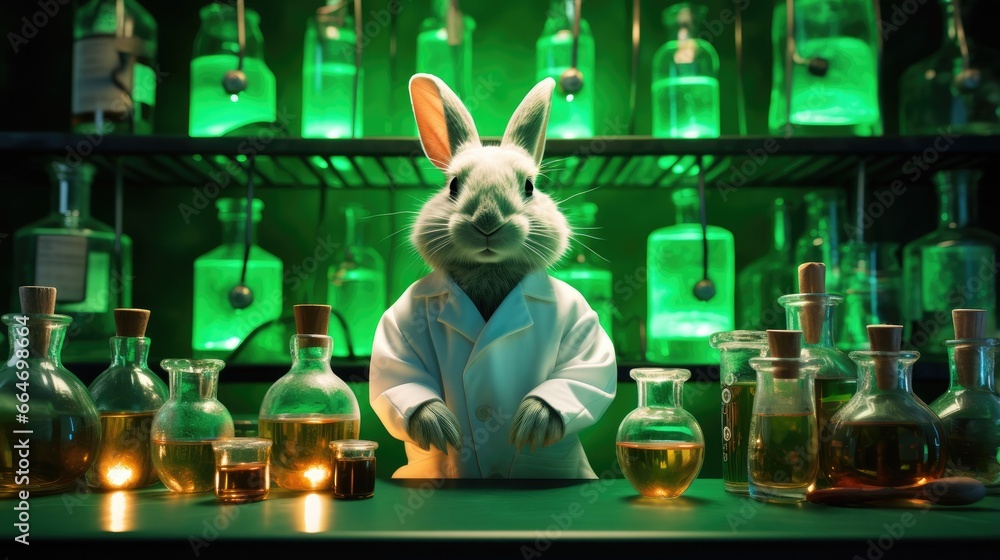 Poster a rabbit in a lab coat surrounded by bottles. generative ai.