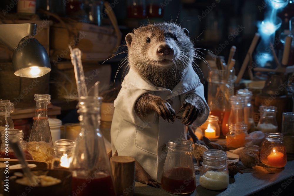 Aufkleber an otter in a lab coat standing on a counter. generative ai.