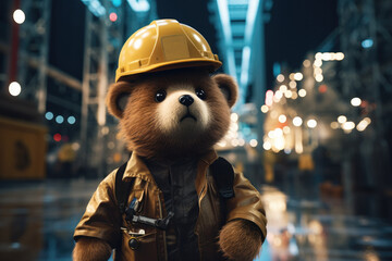 A brown bear toy wearing a hard hat. Generative AI. - obrazy, fototapety, plakaty