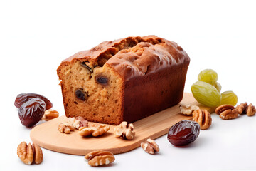 Fototapeta na wymiar date and walnut loaf cake isolated on white close-up view