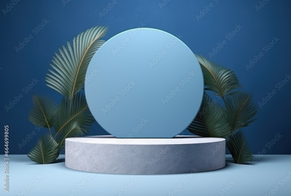 Wall mural 3d background, stone podium display set on blue backdrop with curtain and palm shadow