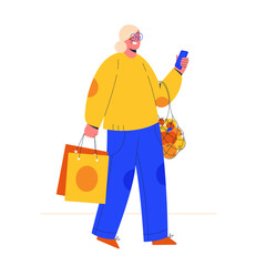 Senior woman walking with her phone and carrying shopping bags and fresh groceries. Flat style character vector illustration.