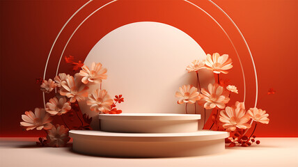 3d podium stage for product display with floral decoration realistic background, generative ai