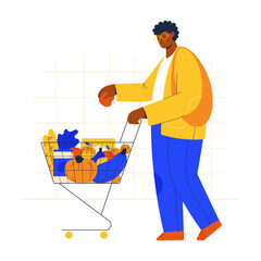 Senior woman with cart full of groceries shopping at the supermarket.  Flat style character vector illustration.