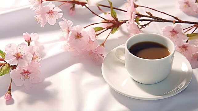 A cup of coffee on a white cloth UHD wallpaper Stock Photographic Image
