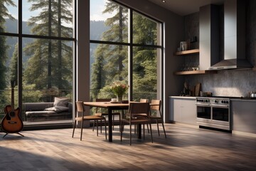 Musician Home Modern Kitchen with Large Glass Windows Overlooking Forest Landscape, Sunlit Wooden Dining Table and Acoustic Guitar Detail
