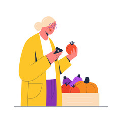 Senior woman buying vegetables at the grocery store. Flat style character vector illustration.