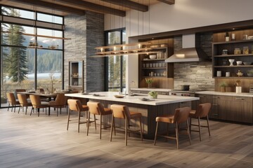 Spacious Contemporary Dining Area Featuring Large Glass Windows with Picturesque Lake and Forest Views, Wooden Shelves, Bronze-hued Suspended Lights, and Elegant Stone Wall Accent