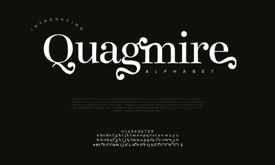 Quagmire premium luxury elegant alphabet letters and numbers. Elegant wedding typography classic serif font decorative vintage retro. Creative vector illustration