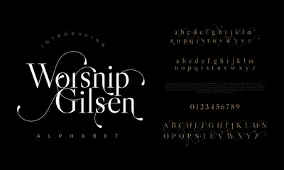 Wornsipgilsen premium luxury elegant alphabet letters and numbers. Elegant wedding typography classic serif font decorative vintage retro. Creative vector illustration
