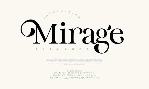 Mirage premium luxury elegant alphabet letters and numbers. Elegant wedding typography classic serif font decorative vintage retro. Creative vector illustration