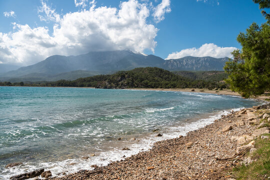 Beach at the South Harbour of Phaselis ancient site in Antalya, Turkey.