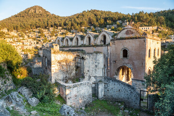Ruined Taksiyarhis upper church of Kayakoy (Levissi) abandoned village near Fethiye in Mugla...