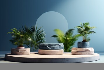 3D background, stone podium display set on blue backdrop with curtain and palm shadow