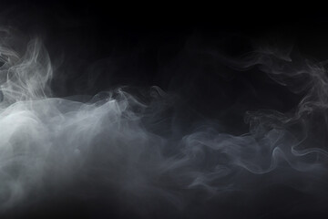 The wallpaper of the white and grey smoke steam slowly floating in the air isolated on black background. Generative AI.