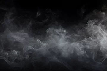 Fotobehang The wallpaper of the white and grey smoke steam slowly floating in the air isolated on black background. Generative AI. © Surachetsh