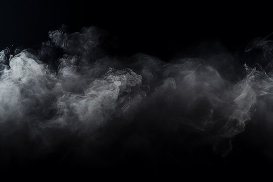 The wallpaper of the white and grey smoke steam slowly floating in the air isolated on black background. Generative AI.