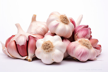 The close up detail of many fresh organic garlic cloves and bulbs for cooking isolated on white background. Generative AI.