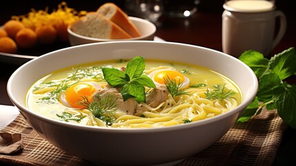 A white bowl with yellow broth soup with pasta UHD wallpaper Stock Photographic Image