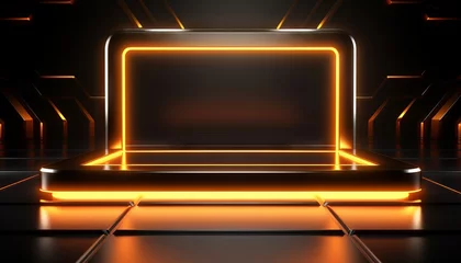 Fotobehang neon background 3d frame on dark, in the style of minimalist stage designs, yellow and bronze © Nob