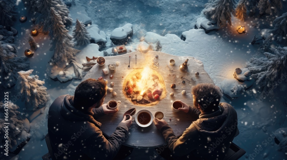 Aufkleber two people sitting at a table with cups of coffee in front of a fire. generative ai.