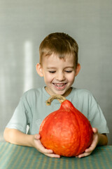 Fototapeta premium a blond-haired boy in a blue T-shirt holds an orange pumpkin in his hands