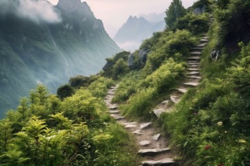 Small path through nature to the mountain. Generative AI