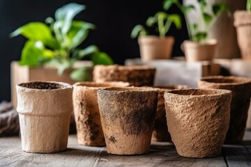 Biodegradable pots, environmentally friendly living, zero waste concept. Generative AI
