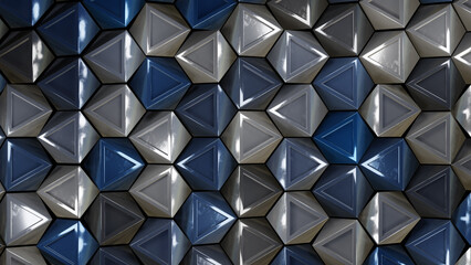 abstract metallic blue and gray comb pattern with different beveled cube kind of primitive shapes and light reflections on the. 3d illustration