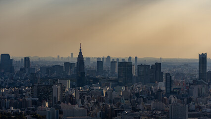 Tokyo Shinjuku area high rise buildings with crepuscular rays at golden hour.