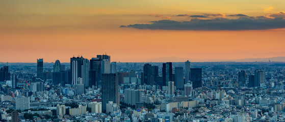 Tokyo Shinjuku area high rise buildings at golden hour.