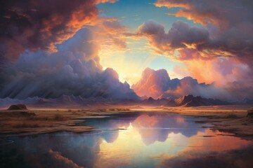Scenic artwork with painted landscape under cloudy skies. Generative AI