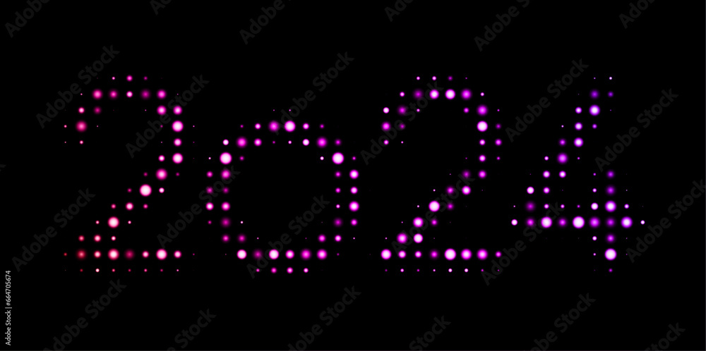 Poster new year 2024 gradient glitter halftone pattern on dark background made of shimmering lights.