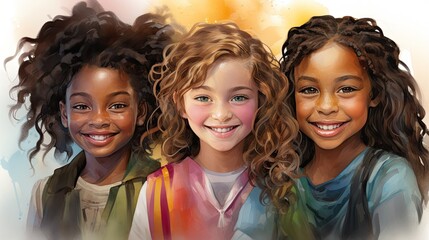 AI-generated illustration of a diverse group of cute, happy young girls. MidJourney.