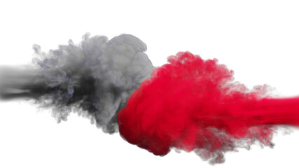Puffs of grey and red smoke collide against a white background. 3d illustration. 