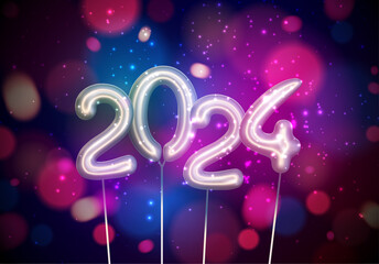 New Year 2024 background with silver inflated balloon numbers with blue and purple defocused lights.