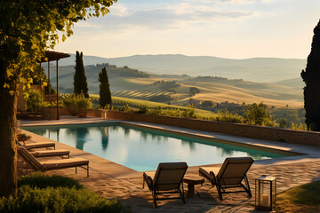  A secluded villa nestled in the Tuscan countryside, featuring a charming pool surrounded by vineyards and rolling hills. Showcase rustic elegance and the idyllic countryside. - obrazy, fototapety, plakaty