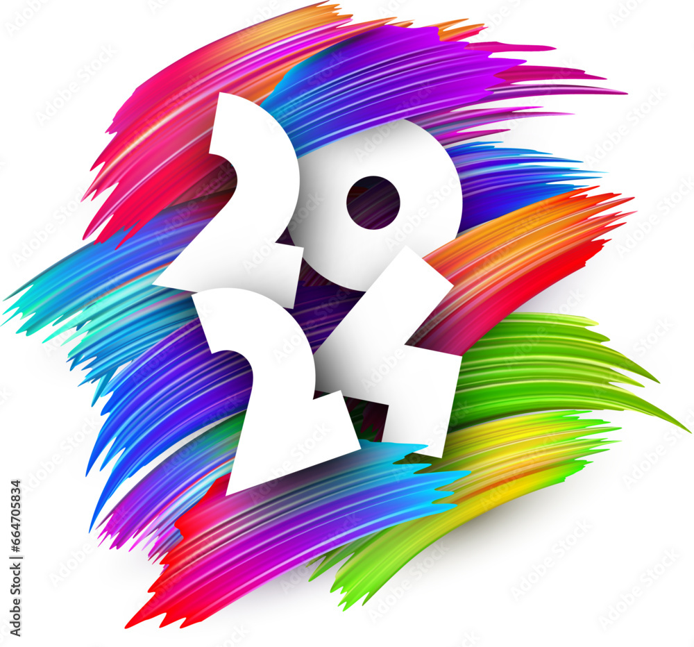 Poster new year 2024 paper numbers for calendar header on colorful background made of different color brush