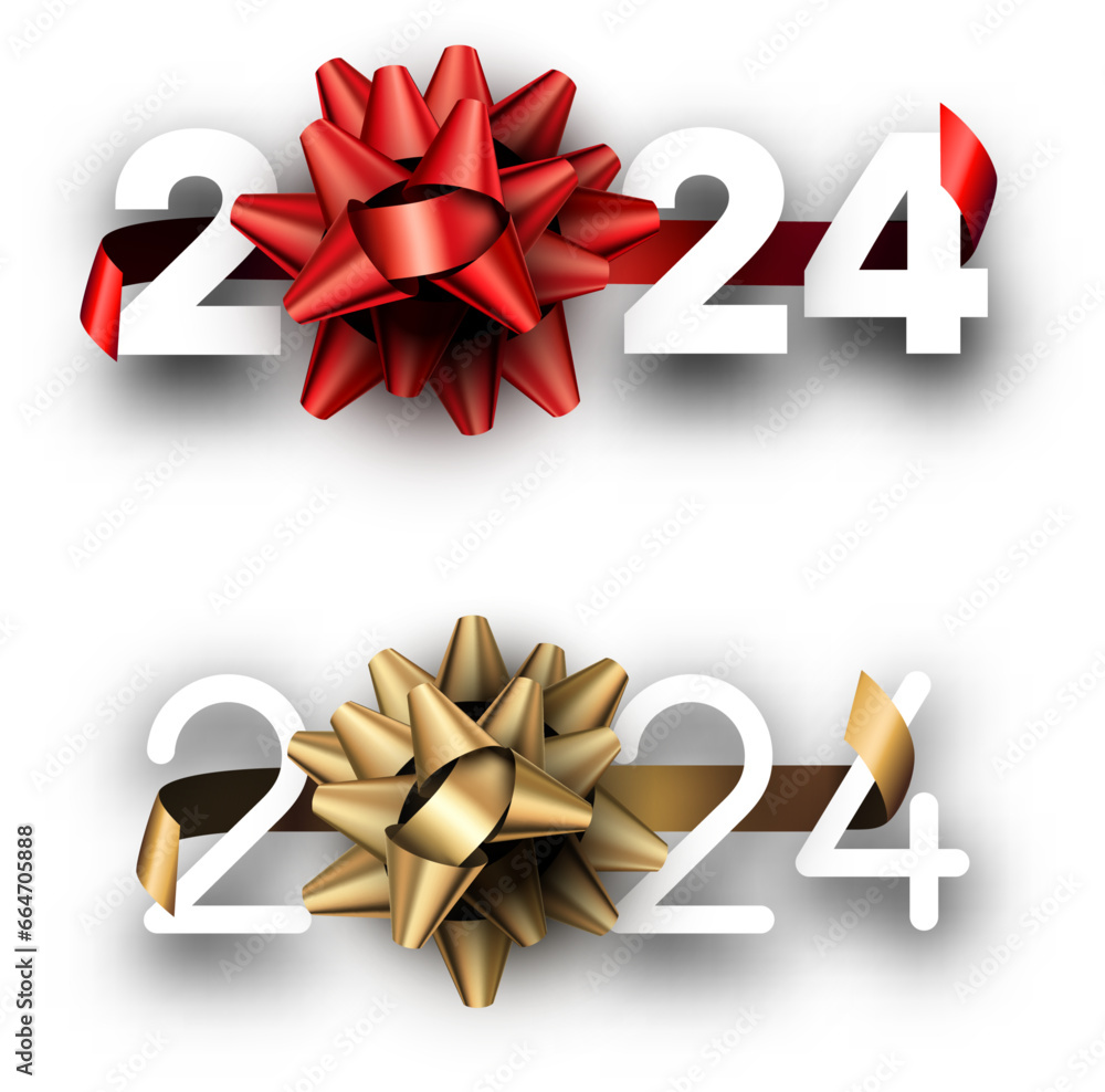 Poster new year 2024 paper numbers with red and golden foil bows for calendar header on white background.