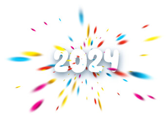 New Year 2024 paper numbers for calendar header on white background with explosion of multicolored foil confetti.