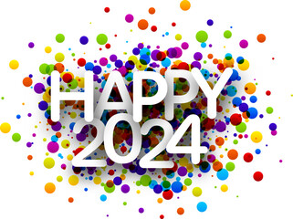 Happy New Year 2024 paper numbers for calendar header on colorful background made of multicolored confetti.